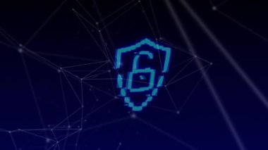 Mavi bir kalkandaki mavi asma kilidin bir ağ üzerindeki animasyonu. Dijital çevrimiçi güvenlik arayüzü kavramı dijital olarak oluşturuldu