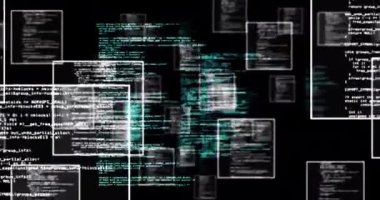 Siyah zemin üzerinde işlenen yüzen çerçevelerdeki verilerin canlandırılması. Bilim ve araştırma konsepti dijital olarak oluşturuldu