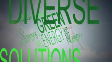 Yeşil enerji, doğal koruma, iklim değişikliği gibi yeşil kelimelerin canlandırılması, dönen rüzgar türbininin arka planında ortaya çıkan çözümler. Yeşil enerji sürdürülebilir geliştirme kavramı dijital bileşik.