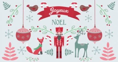 Joyeux Noel kelimesinin kırmızı, mavi ve beyaz harflerle yazılmış hali. Arka planda hayvanlar var. Noel kutlaması ve şenlik konsepti dijital olarak oluşturuldu.