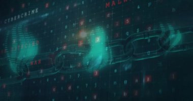 Veri işleme sistemi olan bir zincirin üzerinde şekil değiştiren asma kilide dönüşen bir kalkanın animasyonu. Dijital çevrimiçi güvenlik arayüzü kavramı dijital olarak oluşturuldu