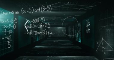 Matematiksel formüllerin yüzen denklemleri gösteren ekranlardan oluşan bir tünel üzerindeki animasyonu. Bilim ve araştırma konsepti dijital olarak oluşturuldu