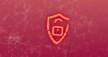 Kırmızı arka planda pleksus yapısına sahip dijital bilgisayar arayüzü çevrimiçi güvenlik kırmızı parlayan asma kilit simgesi animasyonu. Küresel bilgisayar ağı ve çevrimiçi güvenlik konsepti dijital olarak oluşturuldu.