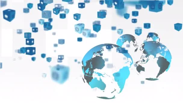 Animation Von Sich Drehenden Globen Mit Blauen Quadratischen Symbolen Die — Stockvideo