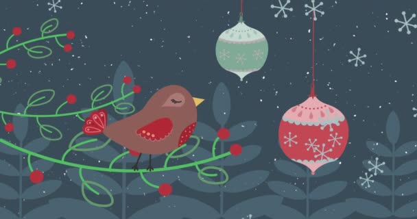 Animation Eines Beweglichen Vogels Auf Weihnachtlich Gemustertem Hintergrund Weihnachtsfeier Und — Stockvideo