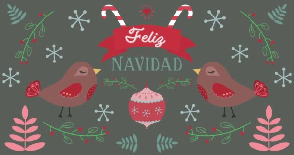 クリスマス柄の背景に動く鳥と赤 白の文字で書かれた言葉Feliz Navidadのアニメーション クリスマスのお祝いと祭りのコンセプトデジタル生成されたイメージ — ストック動画