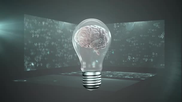 Animace Žárovky Modelem Lidského Mozku Která Točí Nad Třemi Obrazovkami — Stock video