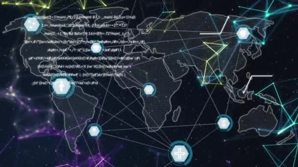 Animação Uma Rede Conexões Com Processamento Dados Através Mapa Mundo — Vídeo de Stock