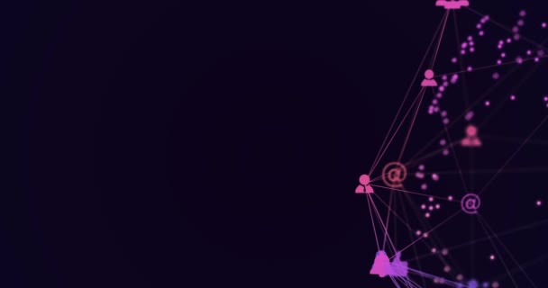 デジタルインターフェイスのアニメーションや紫の背景にソーシャルネットワークピンクのアイコンとの接続のネットワーク グローバルコンピュータネットワークの概念デジタル生成画像 — ストック動画