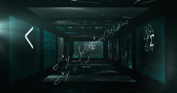 Animation Mathematical Equations Floating Tunnel Made Screens Showing Mathematical Formulae — Stock Video