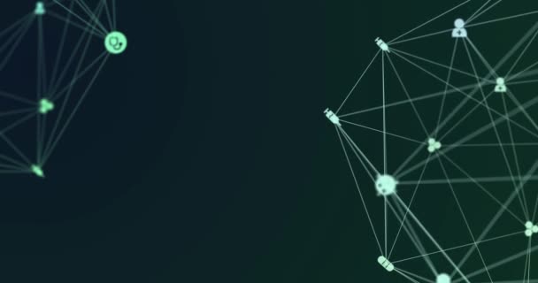緑の背景をオンに白いアイコンとの接続のネットワークのデジタルインターフェイスと地球のアニメーション グローバルコンピュータネットワークの概念デジタル生成画像 — ストック動画