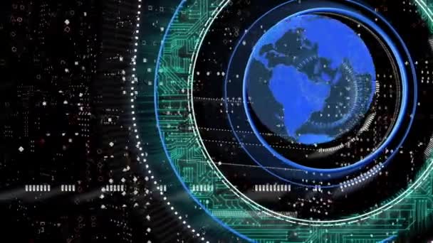 Animation de la rotation du globe avec des connexions de microprocesseur sur le traitement des données. Concept d'interface numérique d'ordinateur de sécurité en ligne généré numériquement