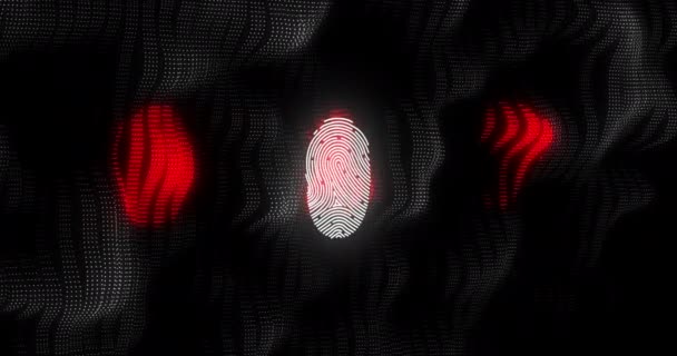 メッシュブラックの背景にデジタル生体認証指紋コンピュータインターフェースアイコンのアニメーション グローバルコンピュータネットワークとオンラインセキュリティの概念デジタル生成された画像 — ストック動画