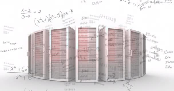 Анімація Чорних Математичних Рівнянь Плавають Над Декількома Серверними Скриньками Білому — стокове відео
