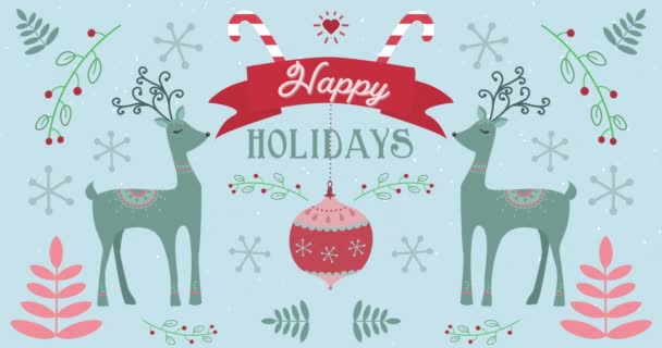 言葉のアニメーションクリスマスのパターンの背景に移動鹿と赤 青と白の文字で書かれた幸せな休日 クリスマスのお祝いと祭りのコンセプトデジタル生成されたイメージ — ストック動画