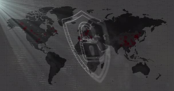 Animación Candado Blanco Escudo Blanco Sobre Mapa Del Mundo Volviéndose — Vídeo de stock