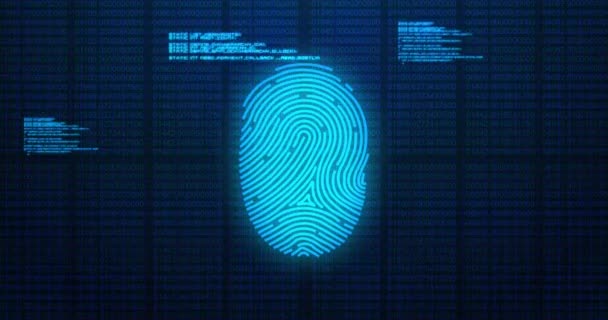 Animation Des Digitalen Biometrischen Fingerabdrucksymbols Und Der Datenverarbeitung Auf Blauem — Stockvideo