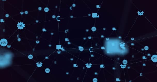 Animación Interfaz Digital Red Conexiones Con Iconos Azules Compras Financieras — Vídeo de stock