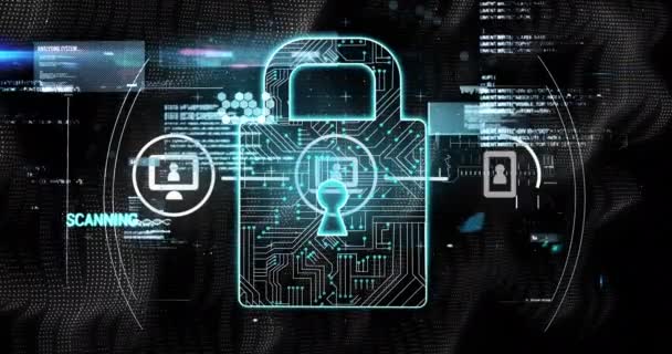 Animation d'un cadenas constitué de connexions microprocesseur avec traitement de données sur fond noir. Concept d'interface numérique d'ordinateur de sécurité en ligne généré numériquement