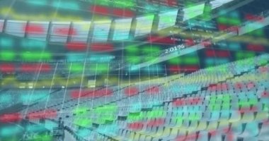 Boş bir ragbi stadyumunun dijital kompozisyonu üzerinde ızgarası olan grafik ve istatistiklerin animasyonu