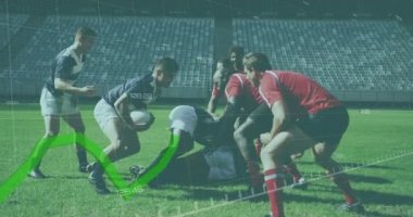 Rugby oynayan, koşan ve dijital kompozit kullanan iki çok ırklı ragbi takımının grafik ve verilerinin animasyonu