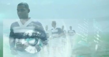 Veri işleme animasyonları, animasyonlar çok ırklı rugby takımının sahada dijital bir kompozitle koşturması.