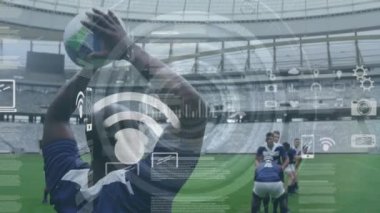 Rugby oynayan, koşan ve dijital kompozit kullanan iki çok ırklı rugby takımının sosyal simgelerinin animasyonu