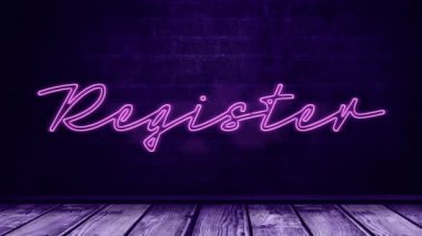 Pembe neon renkli kelime kaydı, mor tuğlalar üzerinde titreşiyor. İletişim ve bağlantı konsepti dijital olarak oluşturuldu.