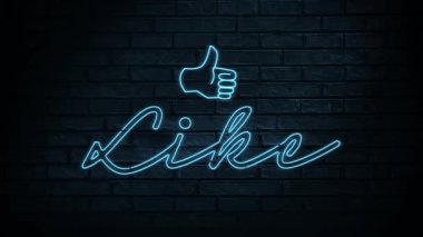 Neon benzeri kelimenin animasyonu ve siyah tuğlalar üzerinde titreşen bir başparmak simgesi. İletişim ve bağlantı konsepti dijital olarak oluşturuldu.