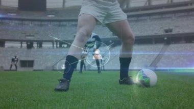 Rugby oynayan, koşan ve dijital kompozisyonu zorlayan iki çok ırklı ragbi takımının sosyal simgelerle olan bağlantılarının animasyonu