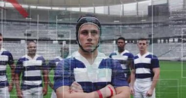 Çok ırklı erkek ragbi takımının dijital kompozisyonda ayakta durması üzerine çerçeve içinde veri işleme animasyonu