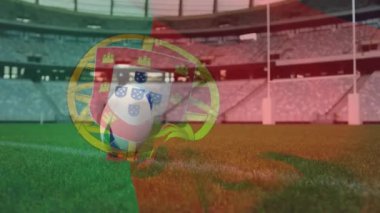 Saha dijital kompozisyonunda duran rugby topunun üzerinde sallanan bir Portekiz bayrağının animasyonu