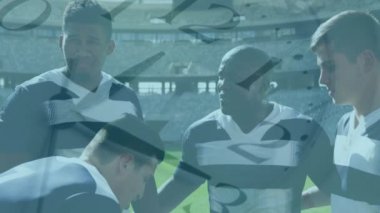 Çok ırklı bir erkek rugby takımının dijital bir kompozisyonda ayakta durmasının animasyonu