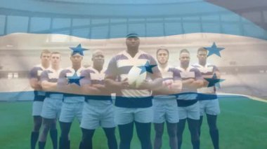 Bir Honduras bayrağının animasyonu, çok ırklı bir erkek rugby takımının sırayla kollarının dijital kompozisyonunu kesiştirmesi üzerine.