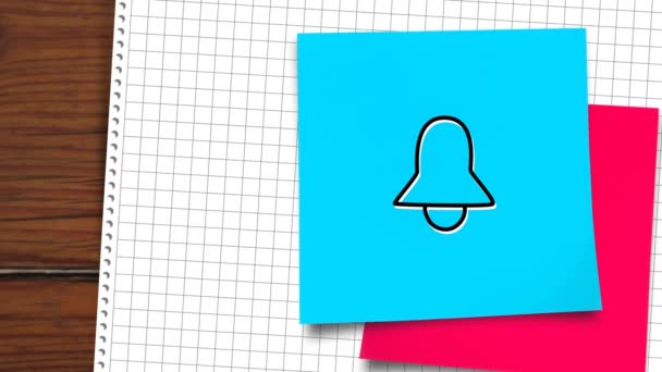 Animation eines weißen Glockensymbols, das auf einem blauen Blatt Papier flackert, das auf einem Notizbuch auf einem Holzboden liegt. Kommunikations- und Verbindungskonzept digital generiertes Bild.