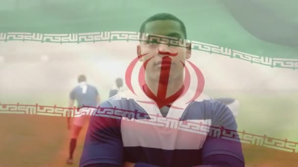 Animation Iransk Flagga Viftar Över Blandad Ras Manliga Rugby Spelare — Stockvideo