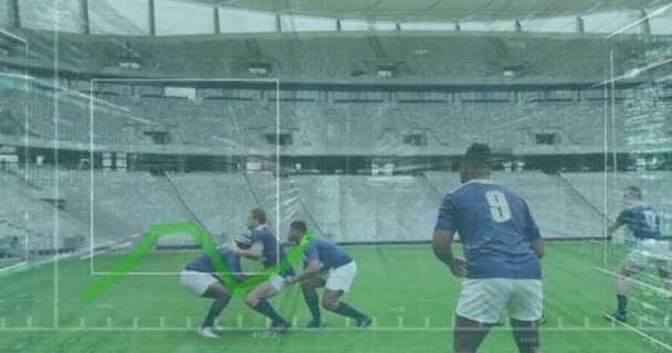 Animation Data Floating Frames Graph Forming Two Multi Ethnic Rugby — Stock Video