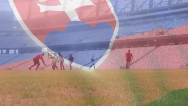 在两支多民族橄榄球队上挥动斯洛伐克国旗的动画 这两支球队打橄榄球 推数字组合 — 图库视频影像