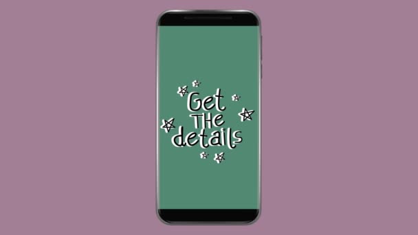 言葉のアニメーションピンクの背景にスマートフォンの緑の画面に点滅詳細を取得します コミュニケーションと接続の概念デジタル生成された画像 — ストック動画