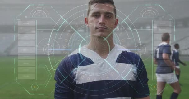 Animation Données Statistiques Sur Joueur Rugby Masculin Caucasien Debout Sur — Video