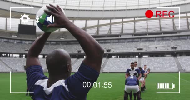 Animación Una Pantalla Cámara Sobre Dos Equipos Multiétnicos Rugby Jugando — Vídeos de Stock