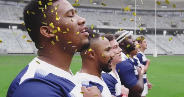 Animación Confeti Dorado Cayendo Sobre Dos Equipos Multiétnicos Rugby Pie — Vídeo de stock