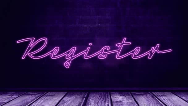 Анімація Рожевого Неонового Стилю Слова Register Мерехтіння Фоні Фіолетових Цеглин — стокове відео