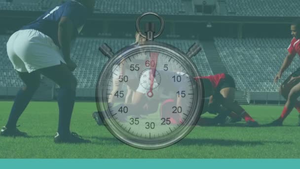 Animacja Zegara Tykającego Nad Dwoma Wieloetnicznymi Drużynami Rugby Grającymi Rugby — Wideo stockowe