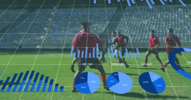 Animation Graphs Data Statistics Two Multi Ethnic Rugby Teams Playing — Stock Video