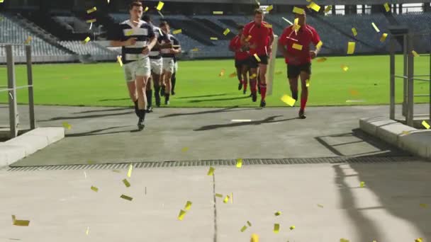 Animation Von Goldenem Konfetti Das Über Zwei Multiethnische Rugby Teams — Stockvideo