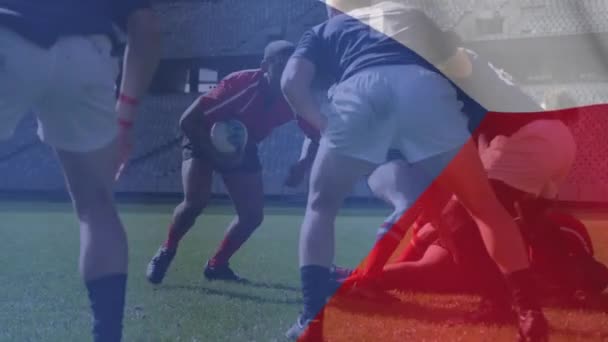 Animation Czech Flag Waving Two Multi Ethnic Rugby Teams Playing — Stock Video
