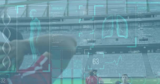 两个多民族橄榄球队在打橄榄球 推数字组合的过程中对人体数据和统计数据的动画制作 — 图库视频影像