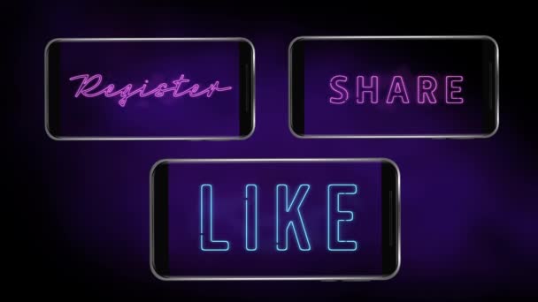 単語のアニメーション登録紫色の背景に3つのスマートフォンの画面上で共有し ちらつきのように コミュニケーションと接続の概念デジタル生成された画像 — ストック動画