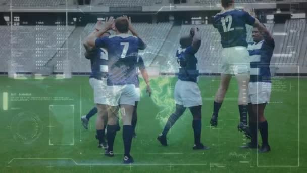 Animation Globe Spinning Data Statistics Multi Ethnic Male Rugby Team — Stock Video